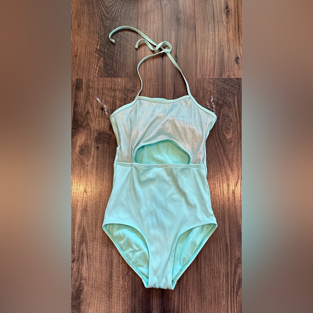 GUC Justice 1 Piece Cutout Halter Swimsuit, Shiny Foil Turquoise Aqua, Size: 12